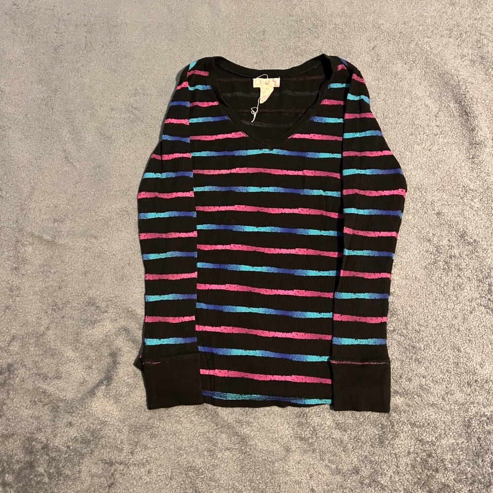 Vintage Ocean Pacific Womens Large Black Striped Waffle Knit Thermal V-Neck Top